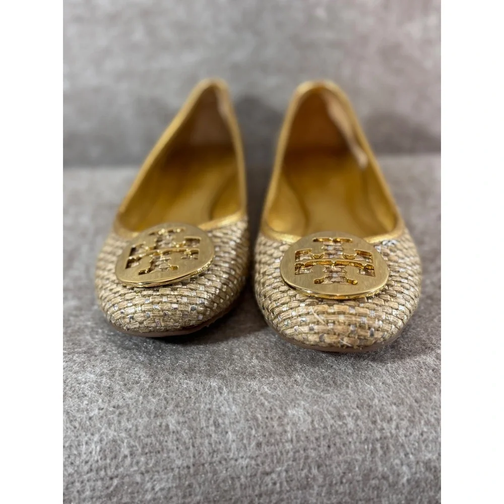 Tory Burch Reva Ballet Flats Womens 7M Gold Woven Raffia Logo Medallion Preppy